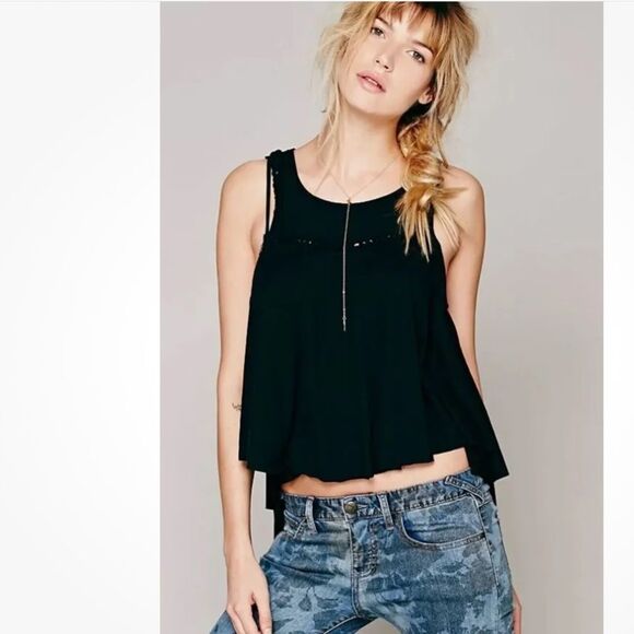 Free People Free Falling Drippy Black Braided Tank Top Sleeveless Shirt XS - Picture 1 of 11